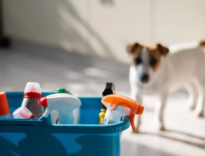 Dog next to a bucket of cleaning supplies